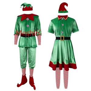 MS Christmas Elf Set Green Velvet Adult and Children Family Matching Outfits Shirt <b>Cosplay</b> Costume Wholesale - Product Image 2