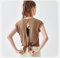 T-shirt de yoga pour femme, couvrant les fesses, respirant, séchage rapide, en Spandex/Nylon, anti-transpiration, manches courtes, coupe ample, uni, simple