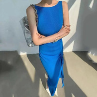 Nouvelle Collection Printemps : Robe Gilet Mi-Longue Tricotée Unie, Style Élégant et Haut de Gamme pour Femme, avec Cordon de Serrage et Fente, Tendance