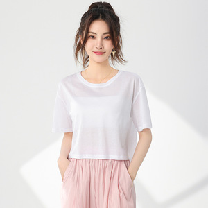 Custom Logo Cotton Silk Blend Cropped T-Shirt Women Solid Color Short Sleeve Breathable Loose <b>Crop</b> <b>Tops</b> - Product Image 4