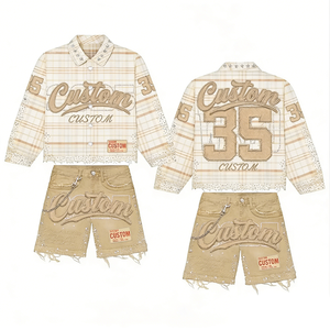 Completo da Uomo YYSY Streetwear: <span class=keywords><strong>Camicia</strong></span> a Maniche Lunghe con Strass e <span class=keywords><strong>Jeans</strong></span> Corti a Quadri in Cotone - Set Due Pezzi - Product Image 4