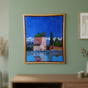 Tapisserie murale rectangulaire en laine légère faite à la main, broderie paysage marocain, décoration artistique pour la maison - Product Image 3