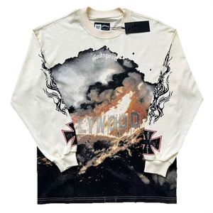 T-shirt unisexe à manches longues en coton, coupe ample, imprimé lettres, style rock rétro délavé, nouvelle collection printemps 25SS - Product Image 5