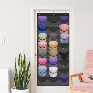 <b>Hat</b> Rack 24 Pocket Over Door Organizer With Hooks For Baseball Caps Clear Pockets Wall Mount Storage Black - Product Image 6