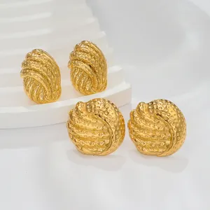 Fashion 18K Gold Plated Hammer Pattern Stud Earrings Women Dainty Stainless Steel Oval Croissant Earring Hypoallergenic Jewelry