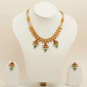Traditional gold temple necklace set with pearl chain antique floral design red green <b>stone</b> pendants and matching earring - Product Image 1
