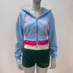 Women High Quality Distress Embroidery Patch Pullover Hoodies Sweatshirt Custom <b>Crop</b> Lace Distressed <b>Zip</b> <b>up</b> Hoodie Women - Product Image 4