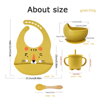 Set de alimentación de silicona para bebé, kit de vajilla con diseño estampado, babero, tazón y cuchara con vaso con pajita