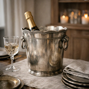 Seau à glace vintage en métal argenté avec poignées, refroidisseur à champagne rond pour la maison, les fêtes et les bars - Product Image 1