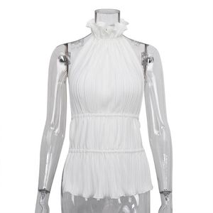 Dropshipping Custom Urban Wear Summer White <strong>Tops</strong> Women Business Casual Ruffle Halter <strong>Plisse</strong> Sleeveless Pleated Tank <strong>Tops</strong> - Product Image 4