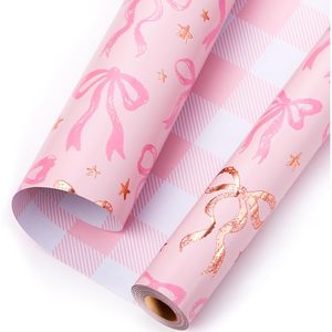 Pink <b>Wrapping</b> <b>Paper</b> Roll Reversible Plaid Rose Gold Bow Design 23.4 Square Feet For Baby Shower Birthday Wedding - Product Image 1