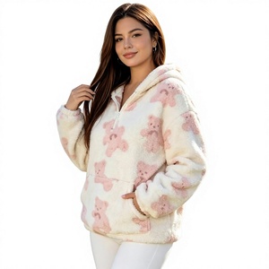 <b>Women's</b> Oversized Hooded Fleece <b>Sweatshirt</b> With Pink Bear Print Full Sleeve Pockets Winter Wear - Product Image 1