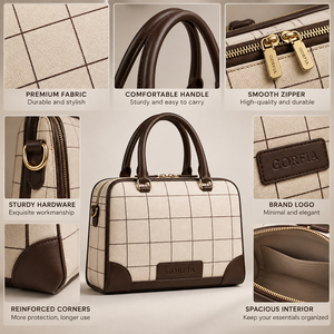 Custom Women Checkered Canvas Tote Bag PU <b>Leather</b> Trim Top Handle Shoulder Handbag Daily Crossbody Purse OEM ODM - Product Image 4
