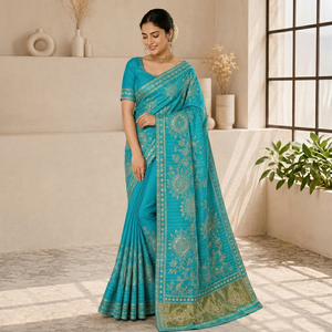 Sari en soie Moonga Bandhani Teal avec bordure brodée miroir, style vintage, longueur ras du sol, infroissable, élégant, pour mariage indien et fêtes, pour femme - Product Image 1