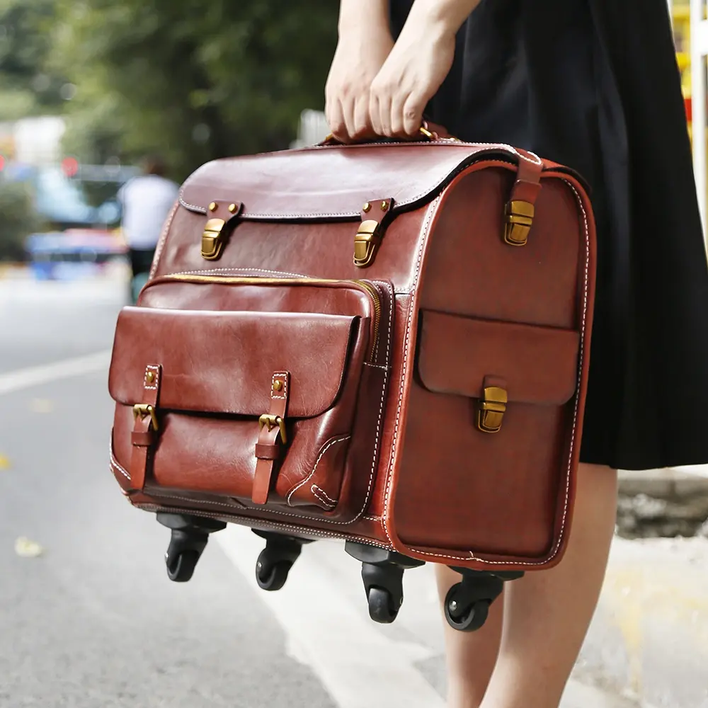 Yüksek kalite lüks dayanıklı bavul hakiki deri Vintage seyahat arabası bagaj çantası 20 inç bavul