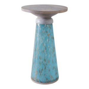 Mesa auxiliar moderna de vidrio con superficie de madera y base azul marmoleada para sala de estar o dormitorio - Product Image 2