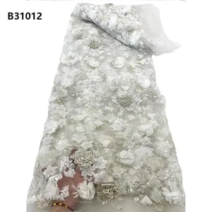 CHOCOO Hot Sale French Tulle Sequence Lace Fabric with Beads Fashion 3D Flower Embroidery Lace Fabric