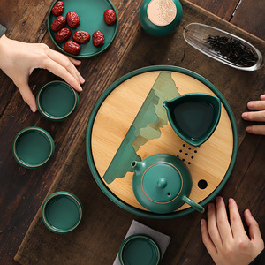 Théière en céramique rétro, glaçure vert foncé, forme ronde avec couvercle, ensemble à thé Kung Fu - Product Image 3