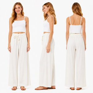 <span class=keywords><strong>Pantaloni</strong></span> Larghi da <span class=keywords><strong>Donna</strong></span> in Lino a Vita Alta <span class=keywords><strong>con</strong></span> Coulisse <span class=keywords><strong>Elastico</strong></span>, <span class=keywords><strong>Pantaloni</strong></span> Palazzo Casual Morbidi Tinta Unita Estivi - Product Image 2