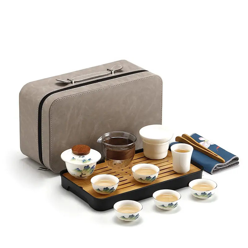 Seramik cam çay kupalar ve bardaklar iş gezileri için çay tepsisi klipler ve çanta seti ile taşınabilir çay seti
