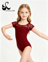 Maillot de Ballet de Manga Corta para Niñas, con Encaje Floral y Cuello Cuadrado, de Nailon Mate y Spandex, con Cintura Elástica, para Gimnasia y Entrenamiento
