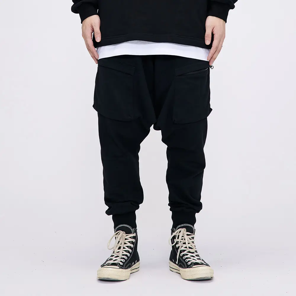 High Quality Cotton Black Custom Mens Clothing Trouser Pant Oversized Loose Drop Crotch Pants Men With string