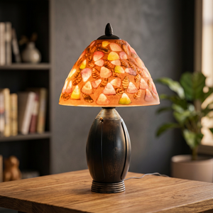 Lámpara de Mesa Decorativa Estilo Costero, Pintada a Mano, con Patrón de Conchas Multicolores, Pantalla de Vidrio, Base de Madera, E27 LED 2700K, Luz Cálida, para Hotel - Product Image 3