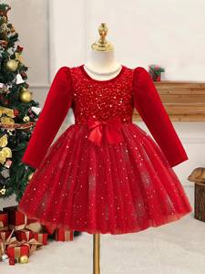 Vestido de Princesa con Lentejuelas Rojas Brillantes de Manga Larga para Niñas, para Navidad, Año Nuevo, Bodas y Celebraciones - Product Image 3