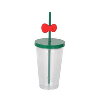 Gobelet isotherme en plastique transparent de 16 oz avec paille et nœuds décoratifs, double paroi, pour voyage, vente en gros