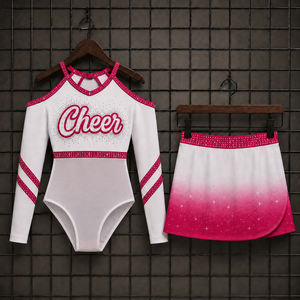 Uniforme de Porristas Personalizado, Blanco y Rosa Intenso con Degradado Ombre, Pedrería, Hombros Descubiertos, Espalda con Abertura, Top Corto de Manga Larga - Product Image 2