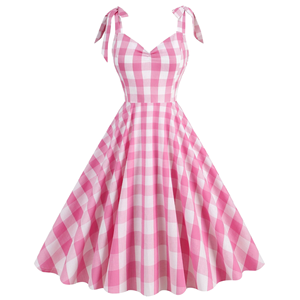 Vestido midi vintage a cuadros rosa, cuello corazón, sin mangas, transpirable, de algodón tejido, informal, para verano. - Product Image 1