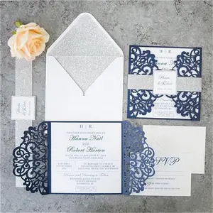 Lüks kitapçık ciltli düğün davetiyesi Quinceanera mavi renk cep katlama davetiyeleri rsvp kartı ile ve zarflar