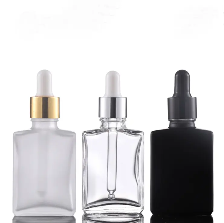 무료 샘플 빈 30ml 50ml 100ml 스퀘어 클리어 블랙 유리 병 Dropper 1 oz 2 oz 4 oz Dropper 에센셜 오일 병