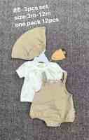 Ensemble 3 pièces d'été pour bébé garçon : body à manches courtes, short à bretelles et chapeau avec étiquette de suspension, tailles 3 à 12 mois, vente en gros, lot de vêtements pour bébé