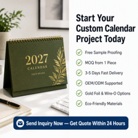 Service d'impression de calendriers de table personnalisés, reliure spirale, dorure à chaud, planificateur annuel style tente, fabricant OEM