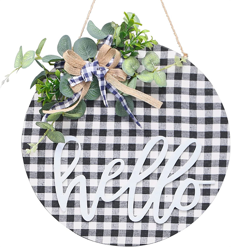 12Inch Wooden Hanging Round Sign Wreath  for Front Door Porch Farmhouse  decoration