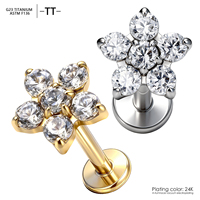 -TT- ASTM F136 Titanium Internally Threaded Flower Cross Labret Studs Perhiasan Tindik Bibir, Tindik Tulang Rawan, Tindik Telinga, Perhiasan Tindik Tubuh
