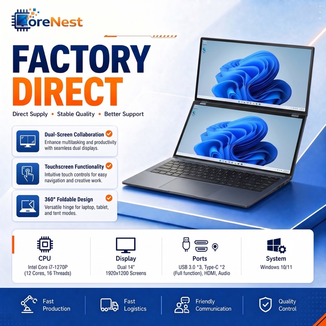 CoreNest 14 Inch Dual Screen Laptop Intel Core I7 1270P Touch Screen Notebook Computer Magnetic Keyboard Office Business Laptop