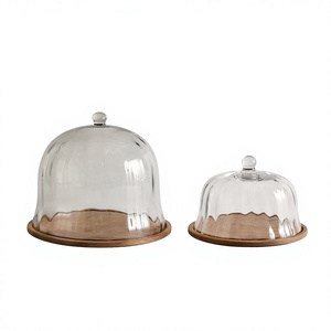 Ensemble de supports à gâteau ronds en bois de manguier avec dôme en verre |   Plateau de présentation en bois pour desserts et fromages, cloche à fromage, 12 compartiments - Product Image 1