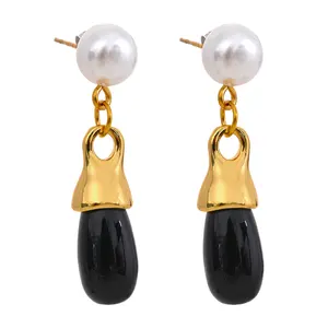 JINYOU 764 Vintage Artificial Pearls Stainless Steel Black Crystal Geometric Drop Earrings Fashion Temperament Jewelry Gala Gift