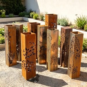 Lampe à colonne carrée en acier corten imperméable pour extérieur, avec motif ajouré LED, pour aménagement paysager extérieur - Product Image 5