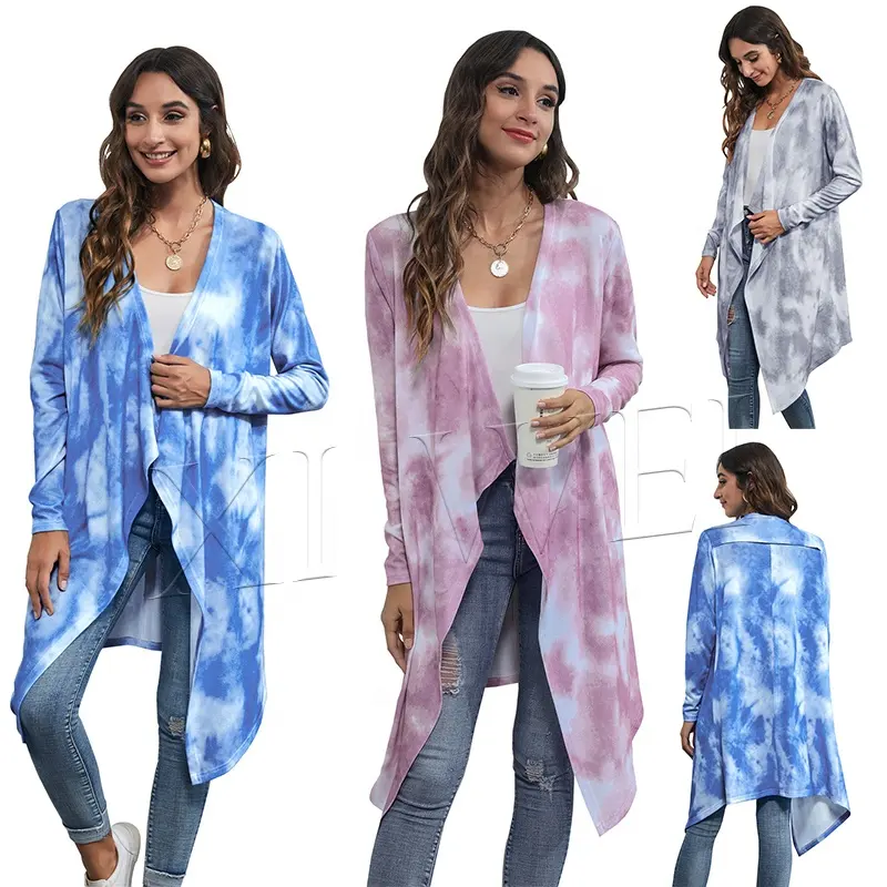 Hot Koop Hoge Kwaliteit Vrouwen Casual Jas In Herfst 2021 Mode Tie Dye Print Asymmetrische Gebreid Vest Jas