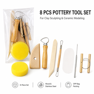 Ensemble <span class=keywords><strong>de</strong></span> 8 outils <span class=keywords><strong>de</strong></span> poterie pour la sculpture <span class=keywords><strong>de</strong></span> l'argile et le modelage céramique, manche en bois, acier inoxydable, pour le façonnage et le détail, vente en gros - Product Image 1
