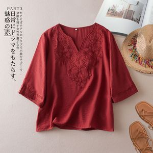 Women's Cotton Linen Embroidered V-Neck Top Mid Sleeve Casual Vintage Blouse Everyday Wear Red Pink Yellow Camel - Product Image 4