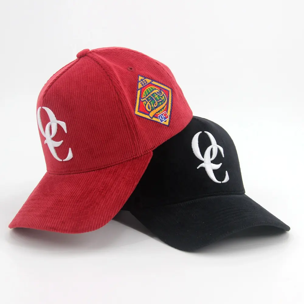 Corduroy 5 panel baseball cap with customized Embroidery logo Curved Brim Adjustable Baseball Cap