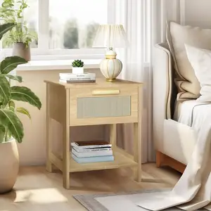 Farmhouse Rattan End Table Side Table with Rattan Drawer and Opening Shelf Wood Nightstand Bedside Table