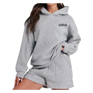 Conjunto de 2 Piezas para Mujer, Sudadera con Capucha y Pantalones Cortos Grises, Corte Holgado Informal, Color Sólido, Ropa Diaria, Atuendo de Primavera/Verano - Product Image 6