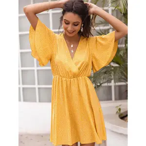 مصدر مورد دوت الحرير الأصفر المرأة فستان صيفي 2020 ، فساتين أنيقة للسيدات ، فساتين النساء سيدة أنيقة عادية