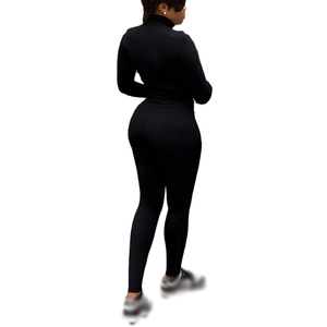ชุดเซ็ตสองชิ้นแฟชั่นสำหรับผู้หญิง เสื้อแขนยาวคอตั้งแบบซิป สีพื้น ทรงเข้ารูป พร้อมกางเกงออกกำลังกาย - Product Image 2
