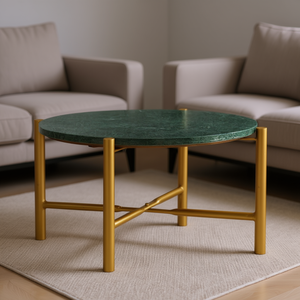Modern Round Coffee Table Green Marble Top Metal Frame Living Room Furniture Home Decor - Product Image 2